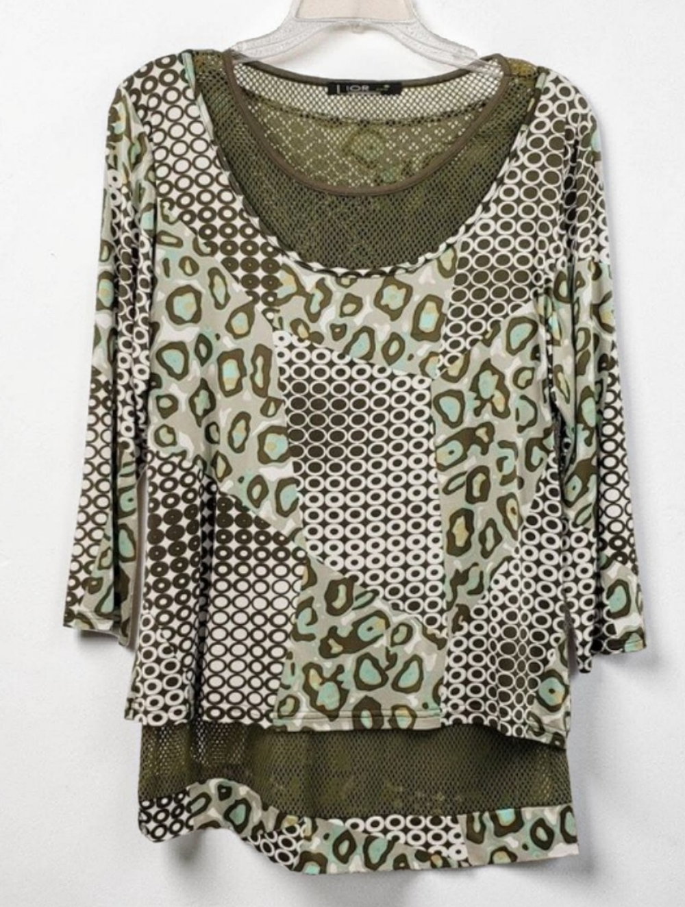 Lior Paris Long Sleeve Top Women's XL Green Geo Leopard Print Slinky Mesh Layer